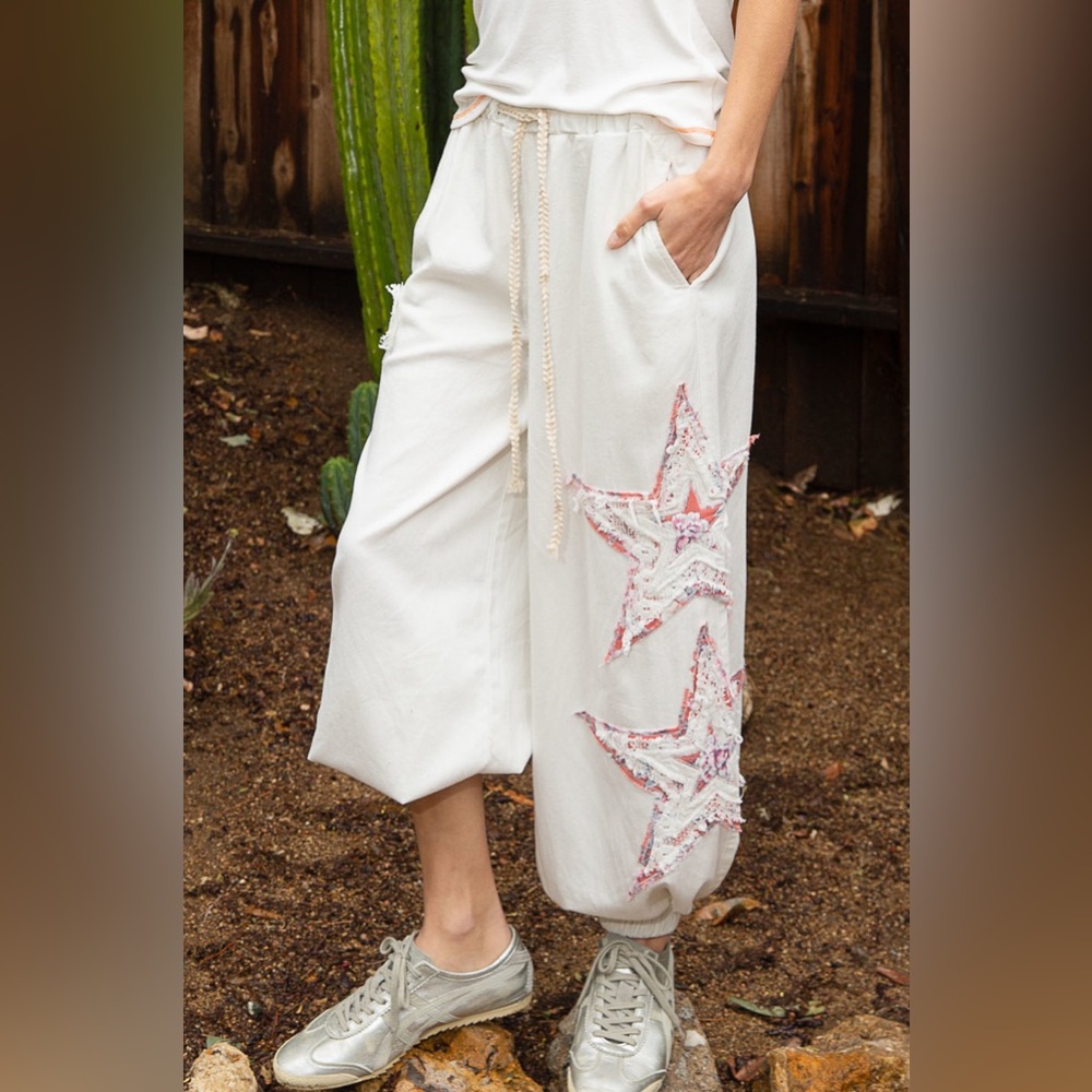 POL Star Patchwork Ivory Joggers | Embroidered Elastic Waist Pants - Picture 7 of 11